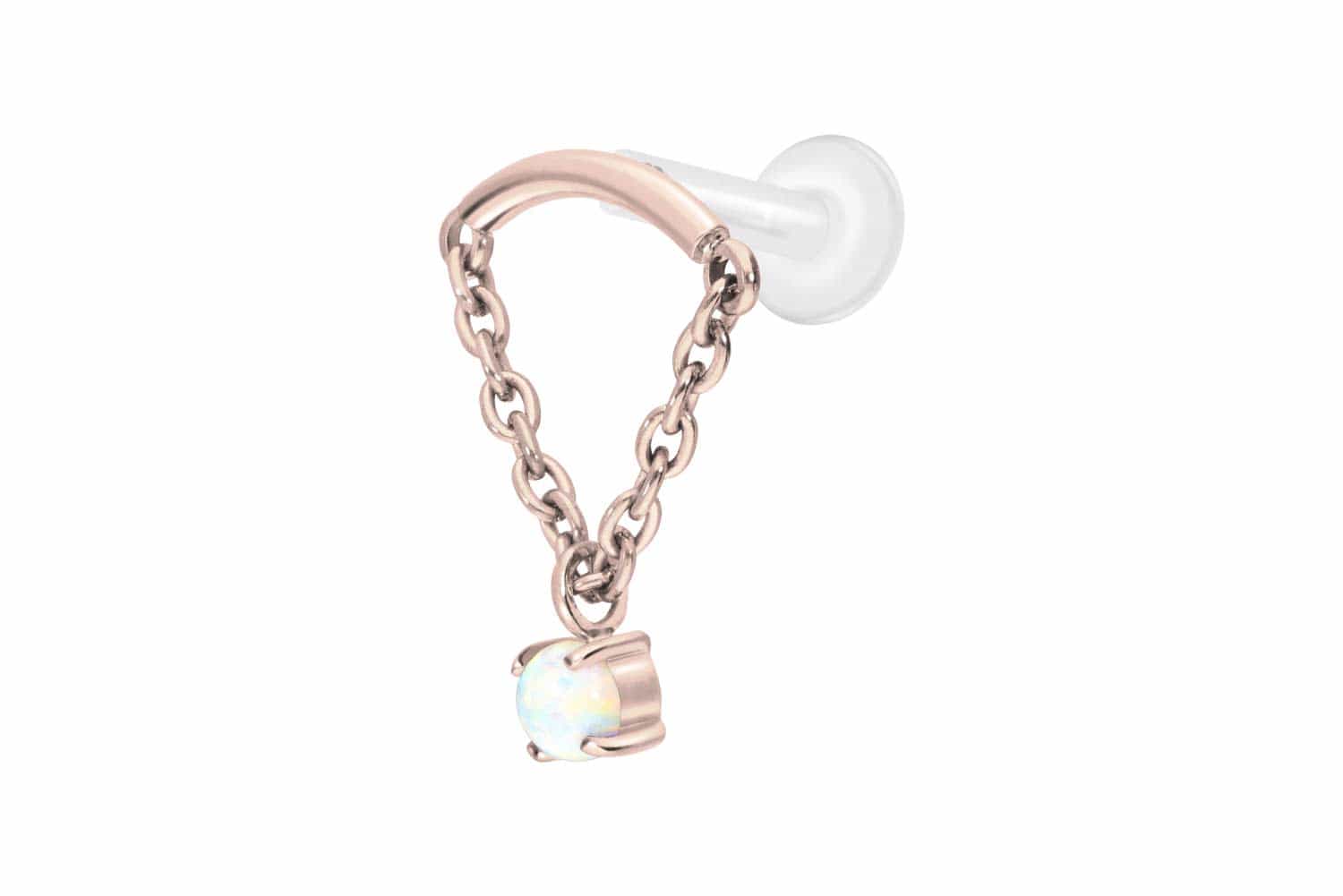 PTFE Labret Piercing mit Innengewinde + Titan-Aufsatz BOGEN + KETTE + SYNTHETISCHER OPAL